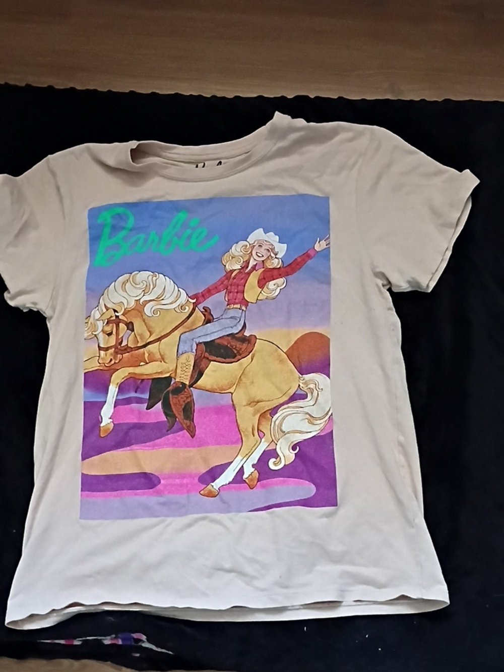Barbie Beige Short Sleeve Tee with Colorful Cowgirl Horse Graphic